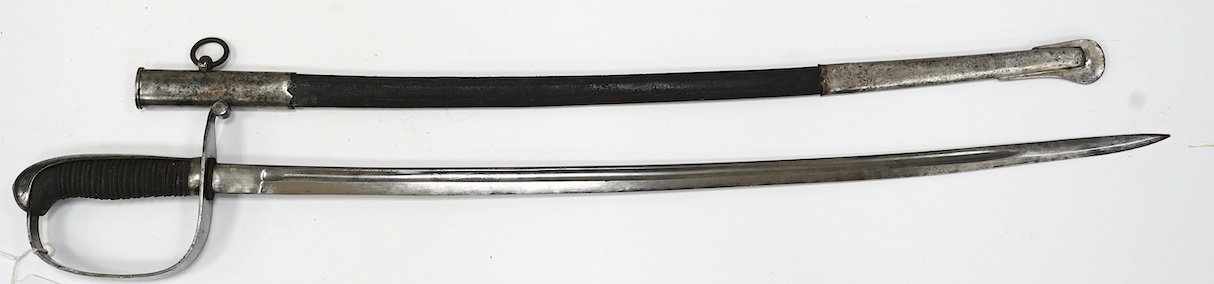 A Dutch police officer’s sword, D-shaped iron guard in its steel mounted leather scabbard, blade 69cm. Condition - fair, heavily cleaned